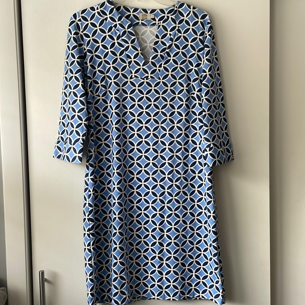 Katherine Way Dress 3/4 Sleeve Stretch Blue Print Women's S B13